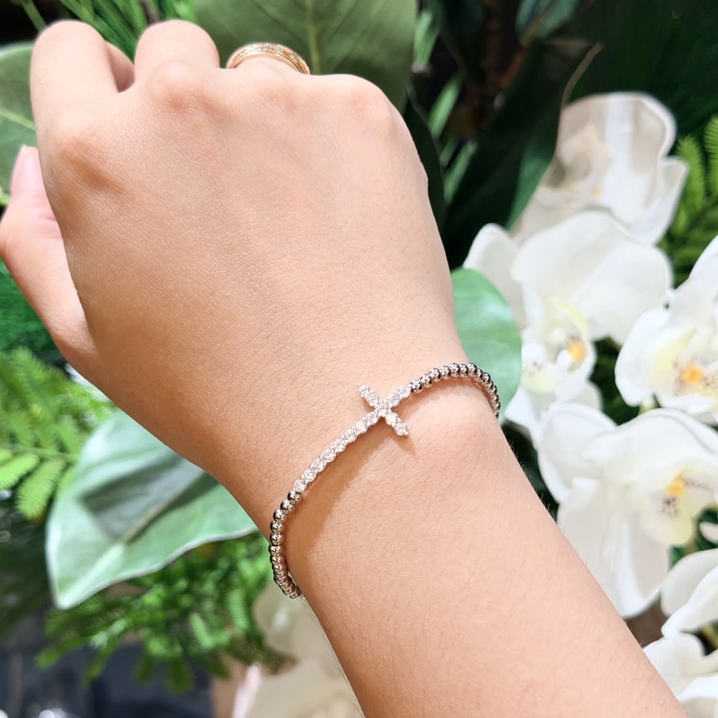 Chrome Hearts Silver Beaded Bracelet with Cross Charm
